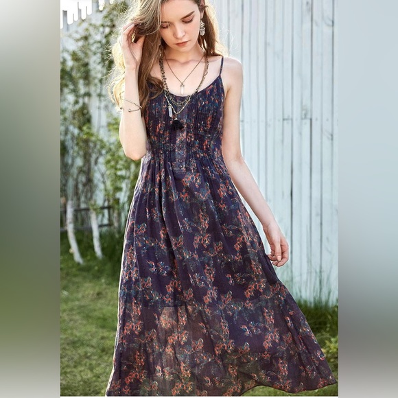 NWT - Women's Boho Floral Spaghetti Strap Maxi Dress - Dark Purple - Picture 3 of 5
